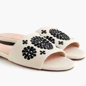 J Crew Brand Women's 8.5 Slide Sandals Beige & Black Floral Design Canvas